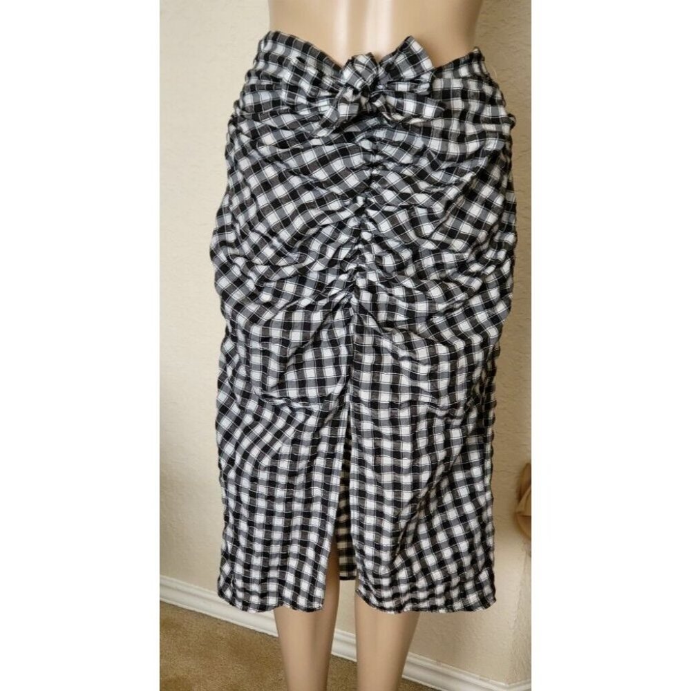 ZARA Plaid Ruched Tie Knot Slit Black White Midi Skirt Size L